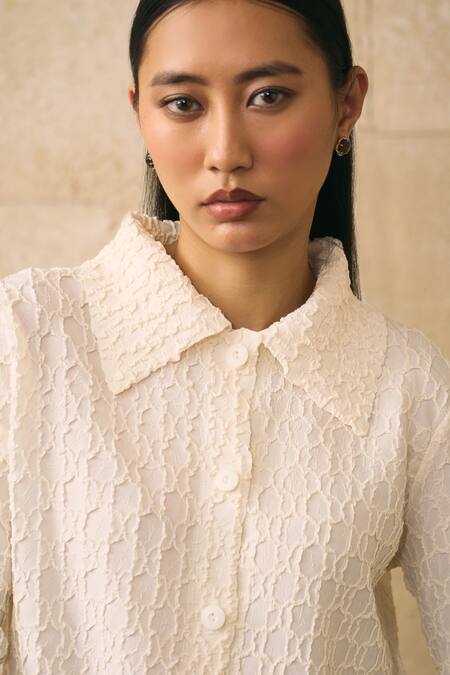Pleats By Aruni Ivory Button-down Neck Azua Textured Pattern Shirt Online at Aza Fashions Pleats By Aruni_Ivory Button-down Neck Azua Textured Pattern Shirt _Online_at_Aza_Fashions