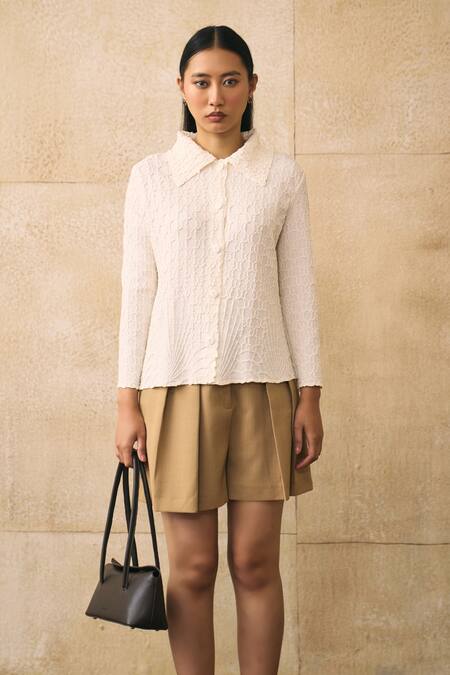 Shop Pleats By Aruni Ivory Button-down Neck Azua Textured Pattern Shirt Online at Aza Fashions Shop_Pleats By Aruni_Ivory Button-down Neck Azua Textured Pattern Shirt _Online_at_Aza_Fashions
