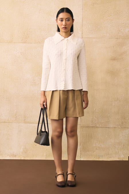 Pleats By Aruni Ivory Button-down Neck Azua Textured Pattern Shirt at Aza Fashions Pleats By Aruni_Ivory Button-down Neck Azua Textured Pattern Shirt _at_Aza_Fashions