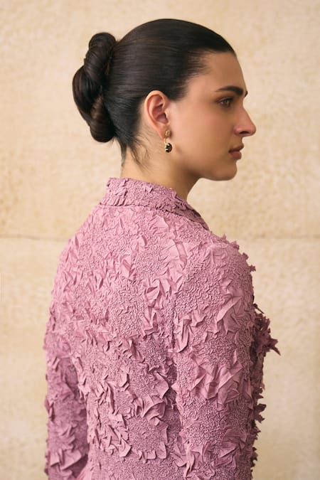 Pleats By Aruni_Pink Crepe Ruffles Button-down Neck Elsara Shirt _Online_at_Aza_Fashions