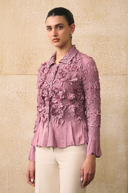 Buy_Pleats By Aruni_Pink Crepe Ruffles Button-down Neck Elsara Shirt _Online_at_Aza_Fashions
