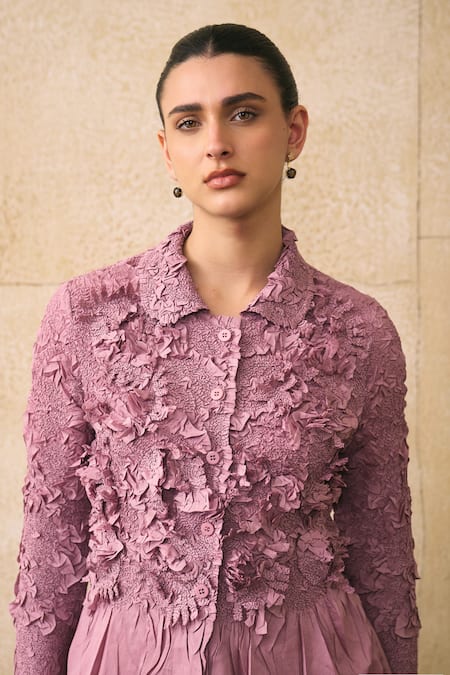 Shop_Pleats By Aruni_Pink Crepe Ruffles Button-down Neck Elsara Shirt _Online_at_Aza_Fashions