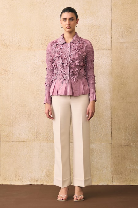 Pleats By Aruni_Pink Crepe Ruffles Button-down Neck Elsara Shirt _at_Aza_Fashions