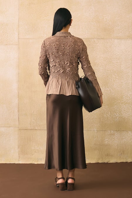 Pleats By Aruni_Brown Crepe Fabric Flowers, Ruffles Button-down Elsara Textured Pattern Shirt _Online_at_Aza_Fashions
