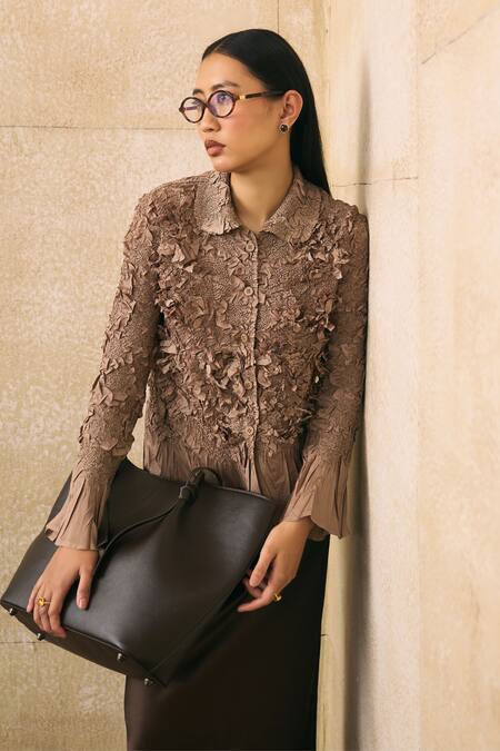 Buy_Pleats By Aruni_Brown Crepe Fabric Flowers, Ruffles Button-down Elsara Textured Pattern Shirt _Online_at_Aza_Fashions