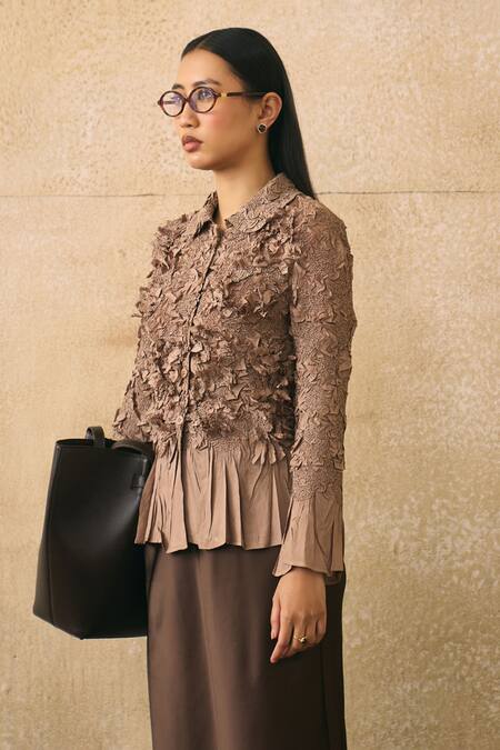 Shop_Pleats By Aruni_Brown Crepe Fabric Flowers, Ruffles Button-down Elsara Textured Pattern Shirt _Online_at_Aza_Fashions