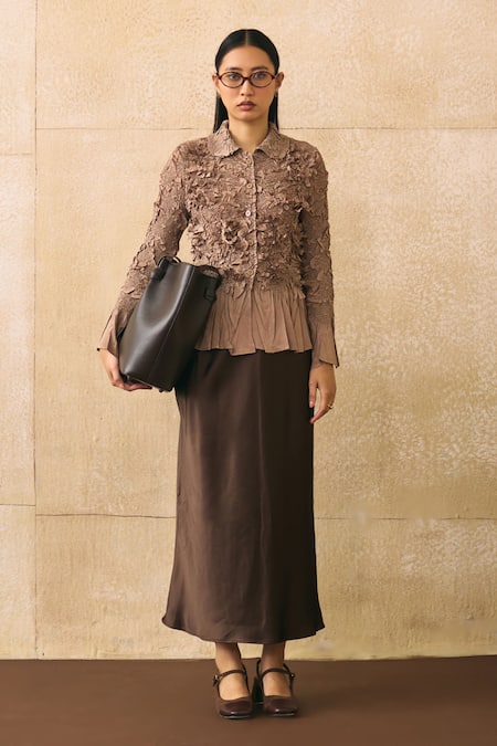Pleats By Aruni_Brown Crepe Fabric Flowers, Ruffles Button-down Elsara Textured Pattern Shirt _at_Aza_Fashions