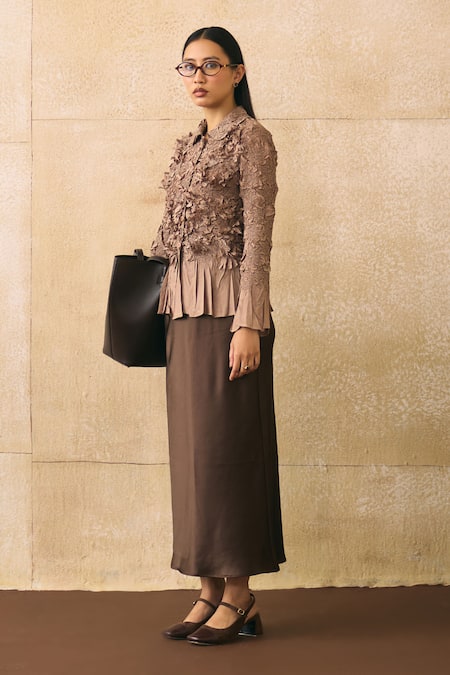 Buy_Pleats By Aruni_Brown Crepe Fabric Flowers, Ruffles Button-down Elsara Textured Pattern Shirt 