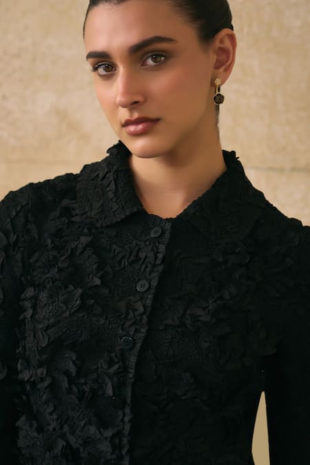Pleats By Aruni_Black Crepe Fabric Flowers, Ruffles Collared Elsara Textured Pattern Shirt _Online_at_Aza_Fashions