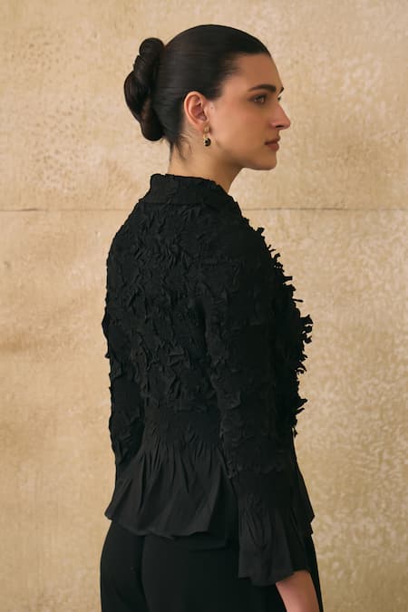 Buy_Pleats By Aruni_Black Crepe Fabric Flowers, Ruffles Collared Elsara Textured Pattern Shirt _Online_at_Aza_Fashions