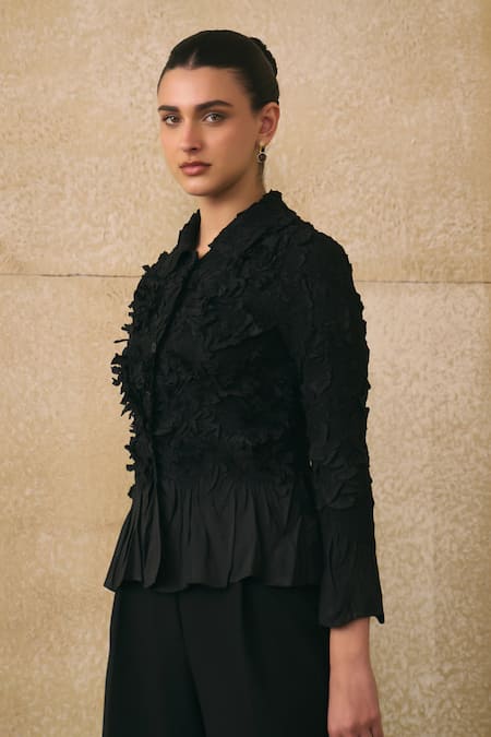 Shop_Pleats By Aruni_Black Crepe Fabric Flowers, Ruffles Collared Elsara Textured Pattern Shirt _Online_at_Aza_Fashions
