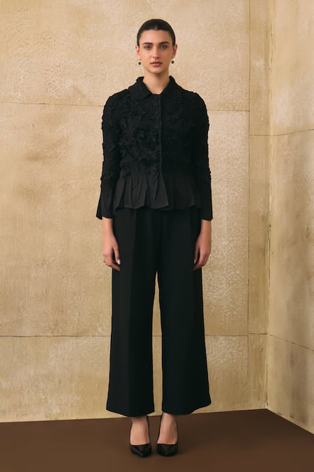 Buy_Pleats By Aruni_Black Crepe Fabric Flowers, Ruffles Collared Elsara Textured Pattern Shirt 