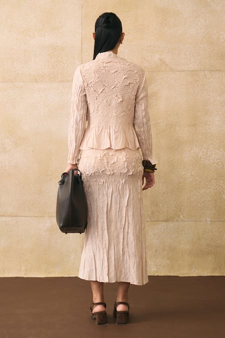 Pleats By Aruni_Ivory Crepe Ruffles, Fabric Flowers High Neck Jerome Textured Top _Online_at_Aza_Fashions