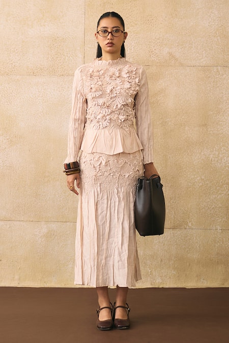 Pleats By Aruni_Ivory Crepe Ruffles, Fabric Flowers High Neck Jerome Textured Top _at_Aza_Fashions