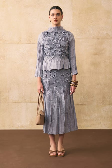 Pleats By Aruni_Grey Crepe, Crinkle Ruffles High Neck Jerome Top _Online_at_Aza_Fashions