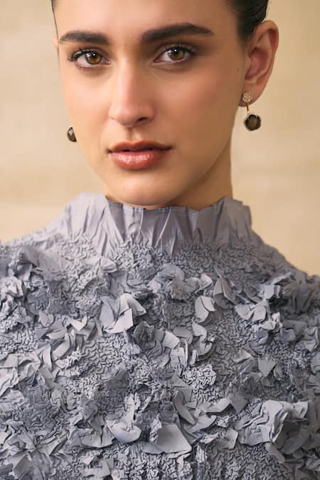 Shop_Pleats By Aruni_Grey Crepe, Crinkle Ruffles High Neck Jerome Top _Online_at_Aza_Fashions