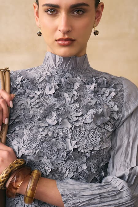 Buy_Pleats By Aruni_Grey Crepe, Crinkle Ruffles High Neck Jerome Top 