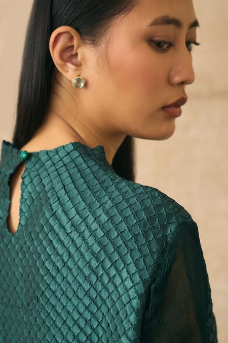 Pleats By Aruni_Green Crepe, Satin High Neck Virtue Floral Pattern Dress _Online_at_Aza_Fashions