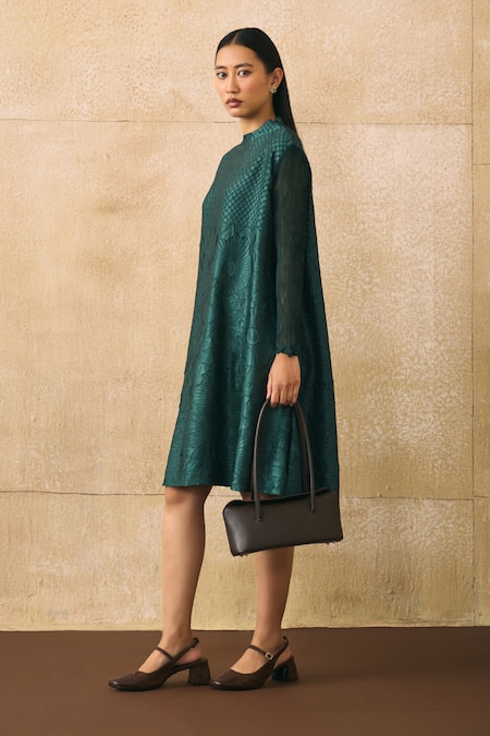 Pleats By Aruni_Green Crepe, Satin High Neck Virtue Floral Pattern Dress _at_Aza_Fashions