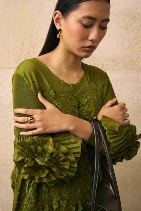 Pleats By Aruni_Olive Green Crepe Fabric Flowers Boat Neck Vallia Textued Pattern Dress _Online_at_Aza_Fashions