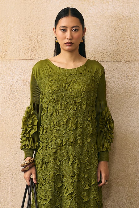 Shop_Pleats By Aruni_Olive Green Crepe Fabric Flowers Boat Neck Vallia Textued Pattern Dress _Online_at_Aza_Fashions