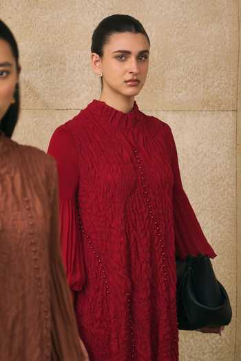 Pleats By Aruni_Red Beads High Neck Irenia A-line Textured Dress_Online_at_Aza_Fashions