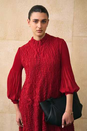 Buy_Pleats By Aruni_Red Beads High Neck Irenia A-line Textured Dress_Online_at_Aza_Fashions