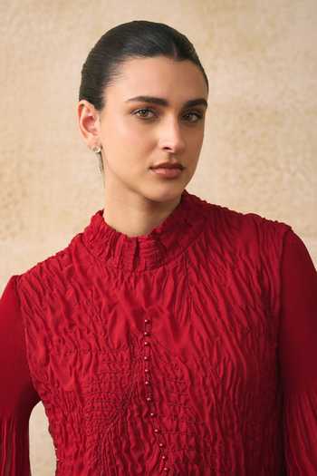 Shop_Pleats By Aruni_Red Beads High Neck Irenia A-line Textured Dress_Online_at_Aza_Fashions