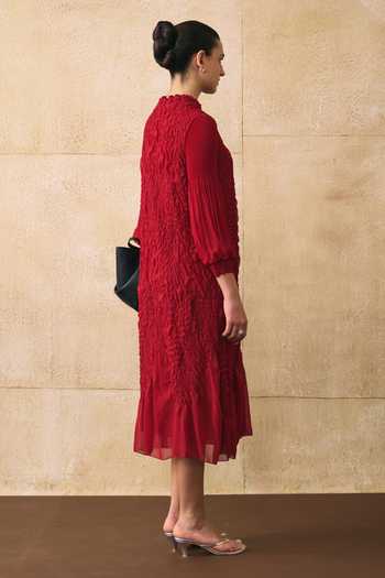 Pleats By Aruni_Red Beads High Neck Irenia A-line Textured Dress_at_Aza_Fashions