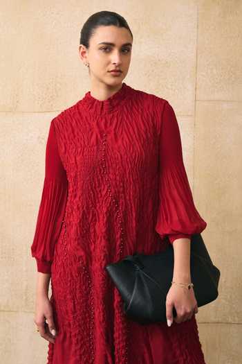 Buy_Pleats By Aruni_Red Beads High Neck Irenia A-line Textured Dress