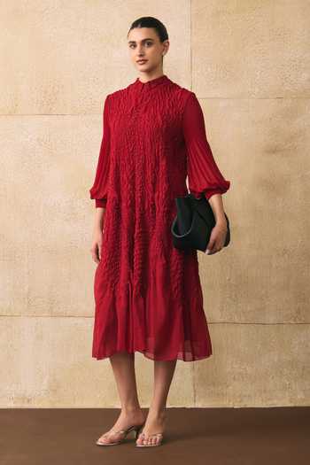 Shop_Pleats By Aruni_Red Beads High Neck Irenia A-line Textured Dress