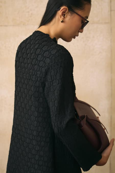 Pleats By Aruni_Black Round Neck Cors Flower Textured Pattern Dress _Online_at_Aza_Fashions