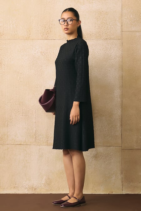 Shop_Pleats By Aruni_Black Round Neck Cors Flower Textured Pattern Dress _Online_at_Aza_Fashions