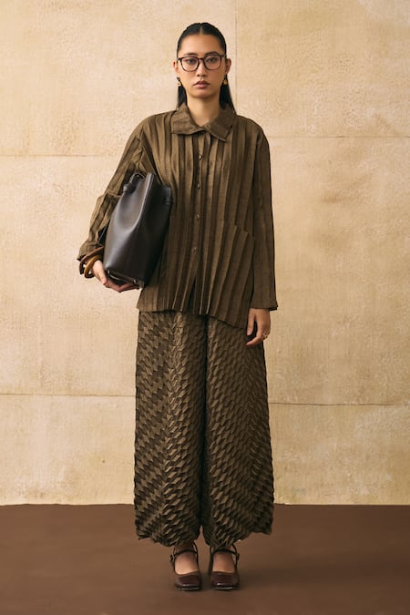 Pleats By Aruni Anatoni Pleated Fabric-Base Crepe Shirt & Pant Set 