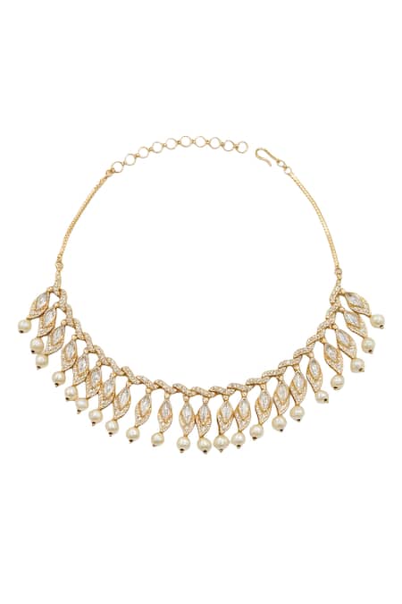 Buy_Minaki_White Pearls, Crystals Embellished Necklace Set _Online_at_Aza_Fashions