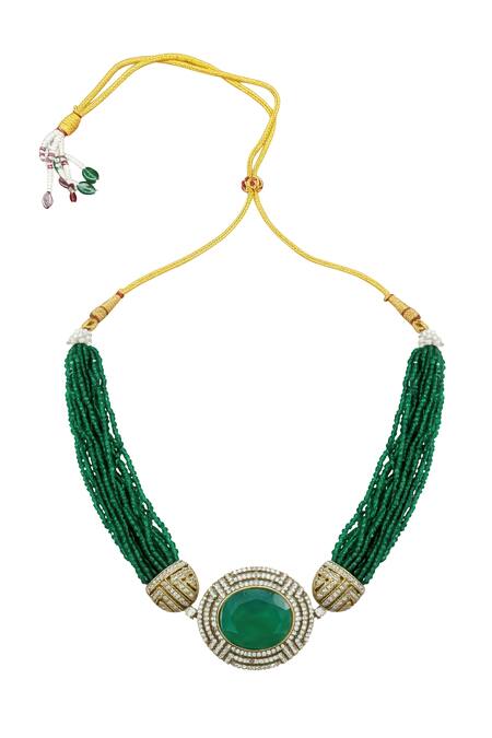 Buy_Minaki_Green Beads, Stones Kundan And Beaded Necklace Set _Online_at_Aza_Fashions