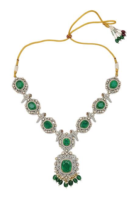 Buy_Minaki_Green Stones, Crystals Geometric Cutwork Necklace Set _Online_at_Aza_Fashions