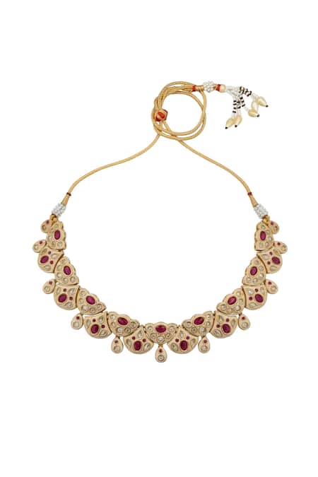 Buy_Minaki_Pink Stones, Enamel Scallop Embellished Necklace Set _Online_at_Aza_Fashions