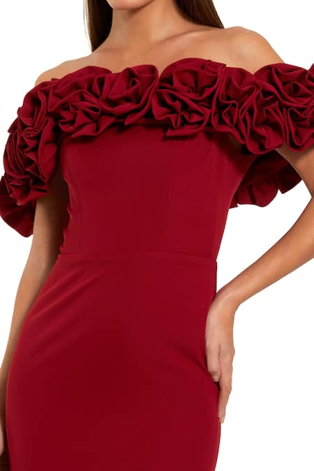 Mac Duggal Red Polyester Fabric Flowers Off-shoulder Rosette Applique Gown Online at Aza Fashions Mac Duggal_Red Polyester Fabric Flowers Off-shoulder Rosette Applique Gown _Online_at_Aza_Fashions