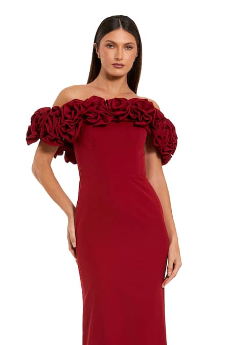 Buy Mac Duggal Red Polyester Fabric Flowers Off-shoulder Rosette Applique Gown Online at Aza Fashions Buy_Mac Duggal_Red Polyester Fabric Flowers Off-shoulder Rosette Applique Gown _Online_at_Aza_Fashions