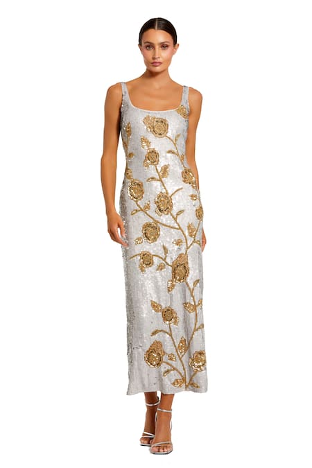 Mac Duggal Ornate Gold Floral Beaded Dress 