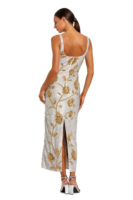 Mac Duggal Ornate Gold Floral Beaded Dress 