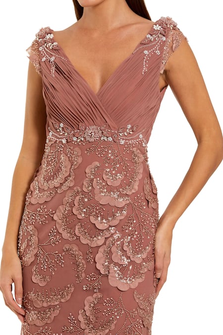 Buy_Mac Duggal_Pink Polyester Embroidery, Sequins, Beads, Applique V-neck Gown _Online_at_Aza_Fashions