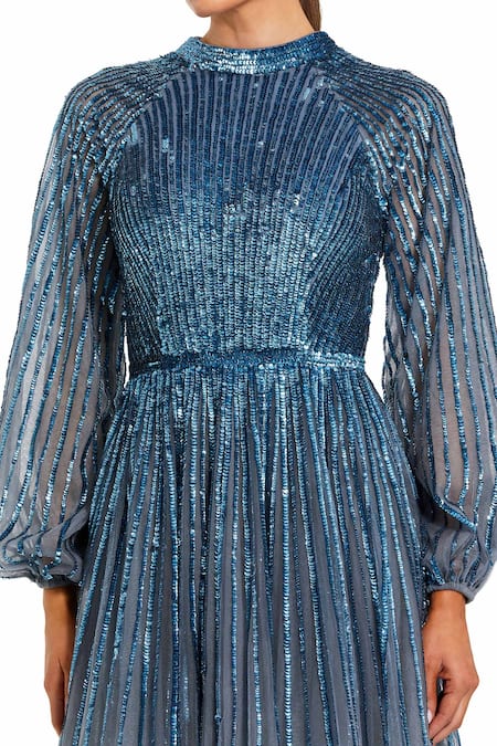 Mac Duggal_Blue Polyester Sequins High Neck Ombre Gown _Online_at_Aza_Fashions