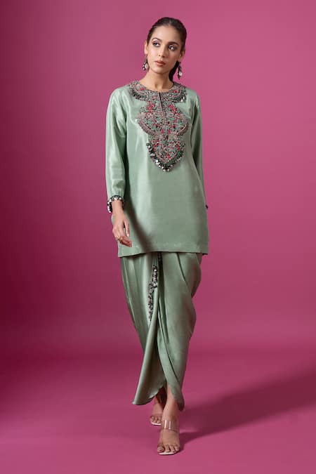 Buy_Prisho_Green Silk, Satin, Modal Embroidery, Tassels Round Thread Kurta And Skirt Set _Online_at_Aza_Fashions