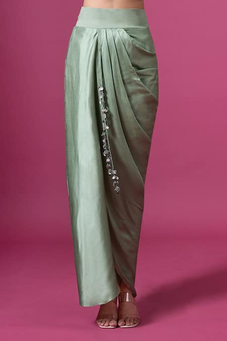 Prisho_Green Silk, Satin, Modal Embroidery, Tassels Round Thread Kurta And Skirt Set _at_Aza_Fashions