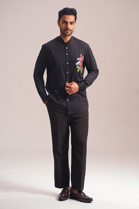 Rohit Bal_Black Embroidery Thread Placement Shirt _Online_at_Aza_Fashions