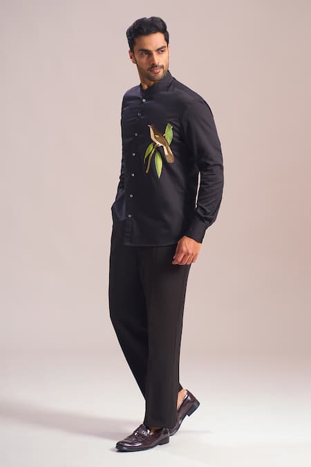 Rohit Bal_Black Embroidery Placement Shirt _at_Aza_Fashions