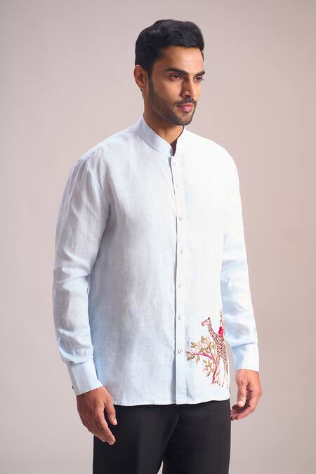 Buy_Rohit Bal_Blue Embroidery Giraffe Placement Shirt _Online_at_Aza_Fashions