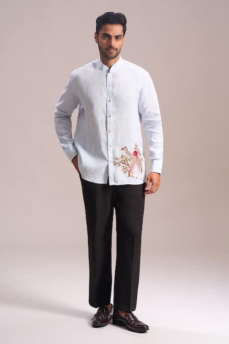 Shop_Rohit Bal_Blue Embroidery Giraffe Placement Shirt _Online_at_Aza_Fashions